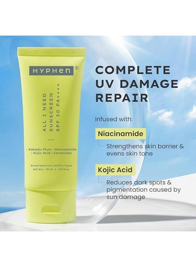 Hyphen All I Need Sunscreen SPF 50 PA ++++ |Lightweight Sun Cream That Moisturizes & Leaves No White Cast| UVA & UVB Sun Protection & Blue Light Protection|For Women & Men| Rich in Anti-Oxidants| 50ml - Image 2